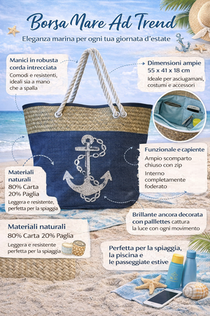Borsa Mare Ad Trend in Paglia Borsa Spiaggia Tempo Libero Paillettes 55 X 18 X H.41 CM - 66628/b