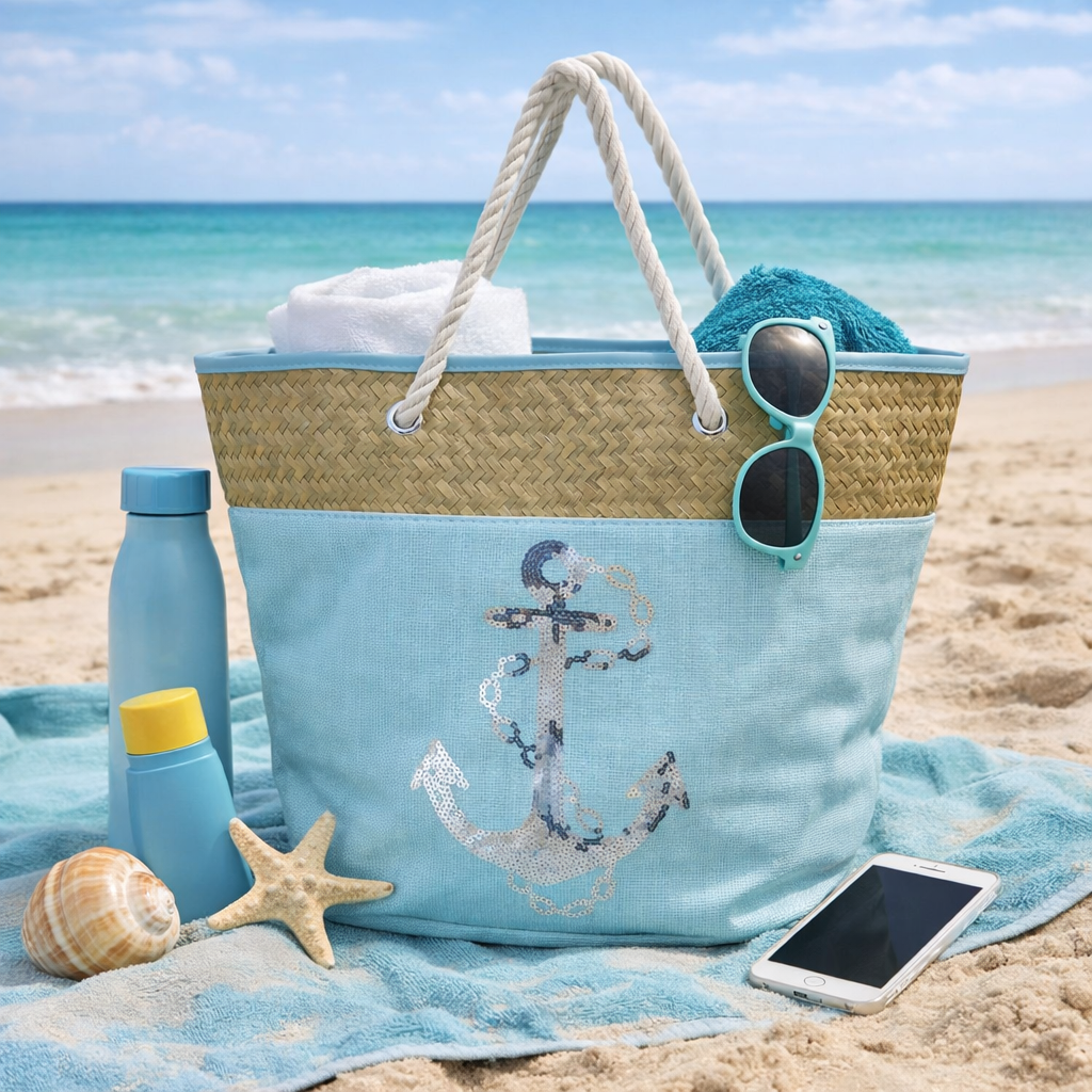 Borsa Mare Ad Trend in Paglia Borsa Spiaggia Tempo Libero Paillettes 55 X 18 X H.41 CM - 66628/c