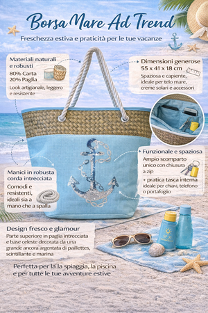 Borsa Mare Ad Trend in Paglia Borsa Spiaggia Tempo Libero Paillettes 55 X 18 X H.41 CM - 66628/c