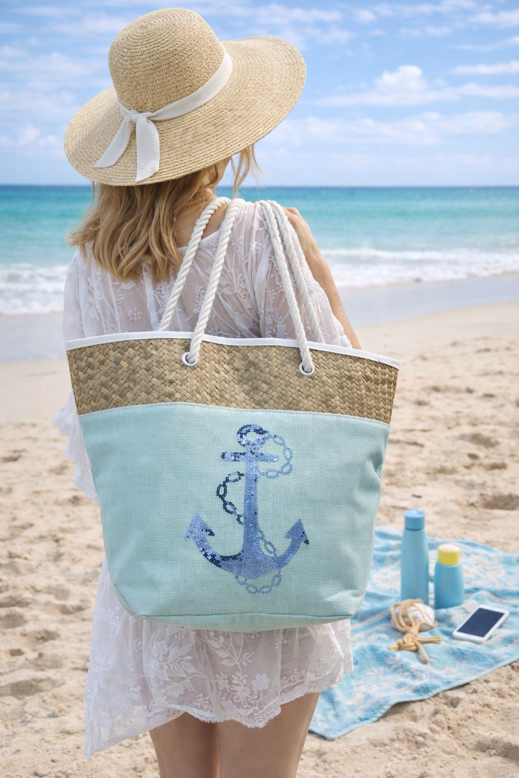 Borsa Mare Ad Trend in Paglia Borsa Spiaggia Tempo Libero Paillettes 55 X 18 X H.41 CM - 66628/t