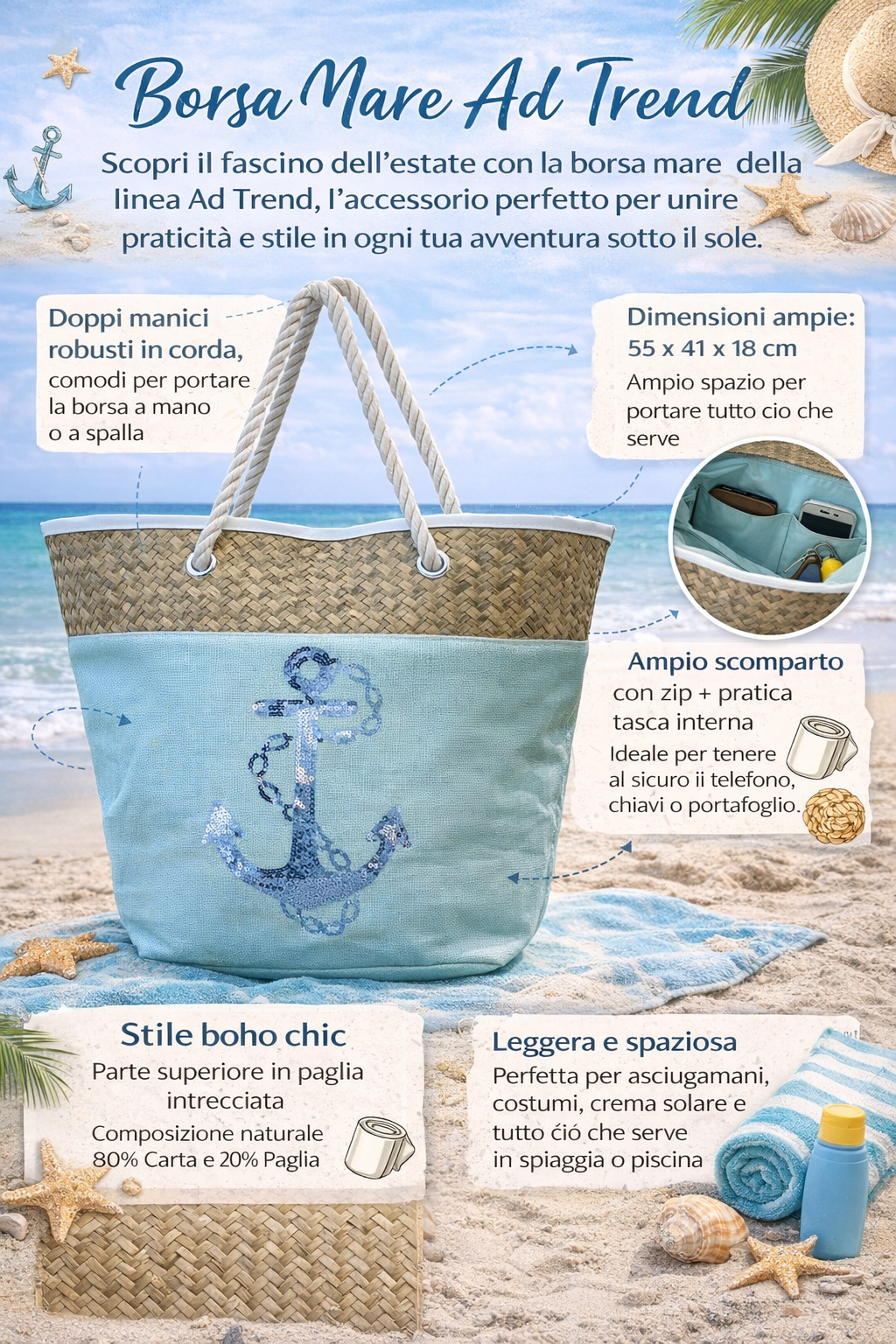 Borsa Mare Ad Trend in Paglia Borsa Spiaggia Tempo Libero Paillettes 55 X 18 X H.41 CM - 66628/t
