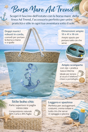 Borsa Mare Ad Trend in Paglia Borsa Spiaggia Tempo Libero Paillettes 55 X 18 X H.41 CM - 66628/t