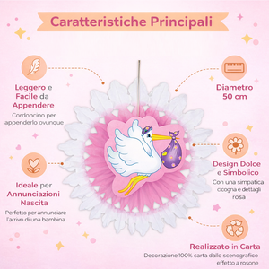 Rosone Cicogna con Bebè - Fiocco Nascita Bambina - Colore Rosa- Femminuccia- 50 Cm.