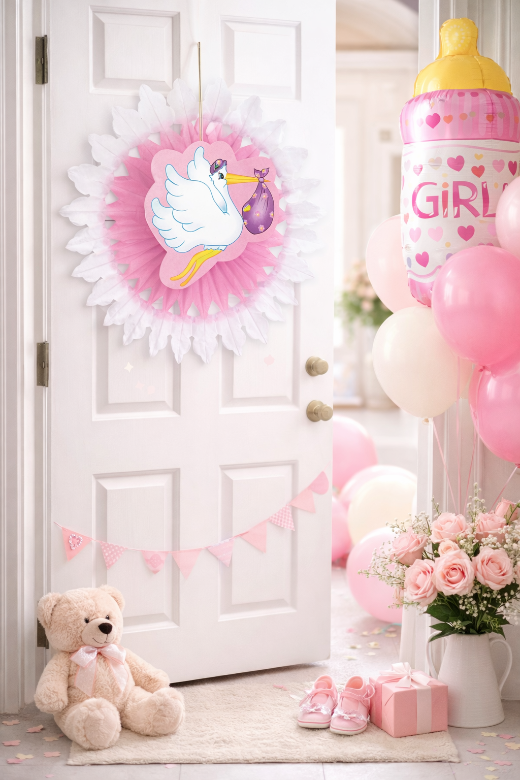 Rosone Cicogna con Bebè - Fiocco Nascita Bambina - Colore Rosa- Femminuccia- 50 Cm.