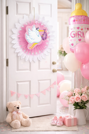 Rosone Cicogna con Bebè - Fiocco Nascita Bambina - Colore Rosa- Femminuccia- 50 Cm.