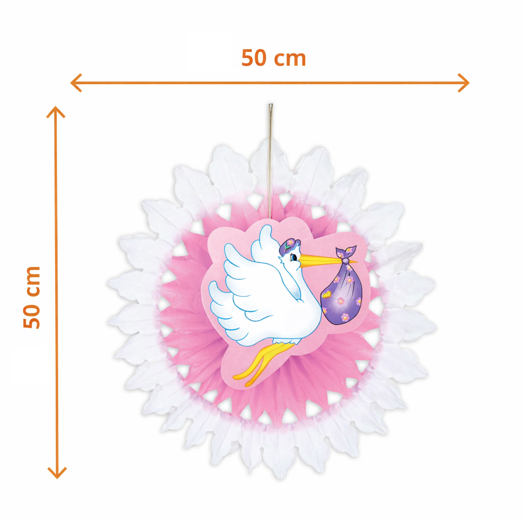 Rosone Cicogna con Bebè - Fiocco Nascita Bambina - Colore Rosa- Femminuccia- 50 Cm.