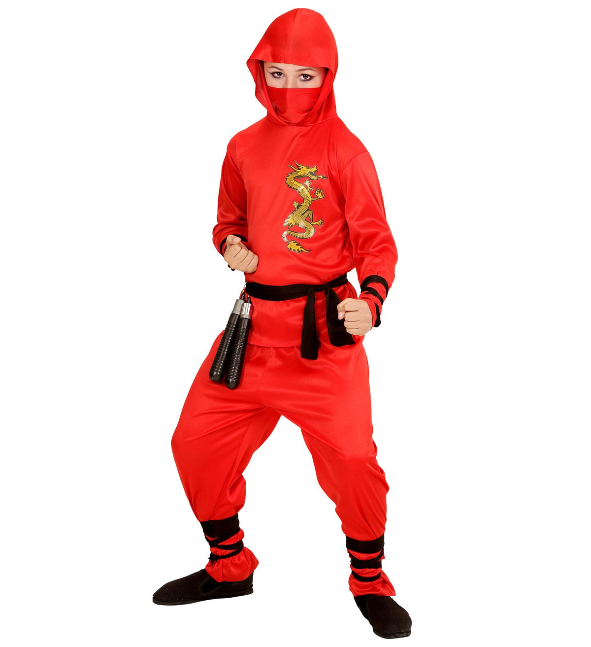Vestito Carnevale + Accessori Red Dragon Ninja Costume Nunchaku 4/5 Anni Travestimento - 0133+6766n