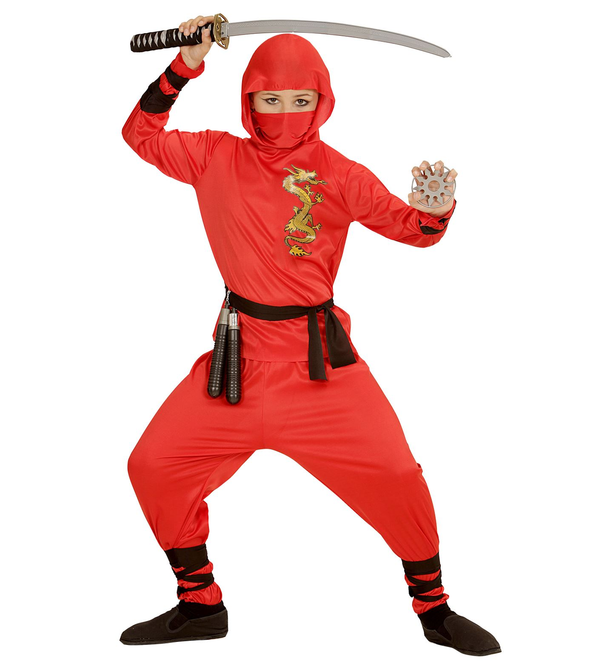 Vestito Carnevale + Accessori Red Dragon Ninja Costume Nunchaku Spada Giapponese con Fodero Spada Sai Travestimento (8/10 Anni)