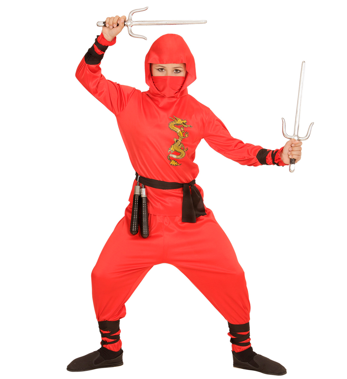Vestito Carnevale + Accessori Red Dragon Ninja Costume Spada Sai 4/5 Anni Travestimento - 0133+8711s