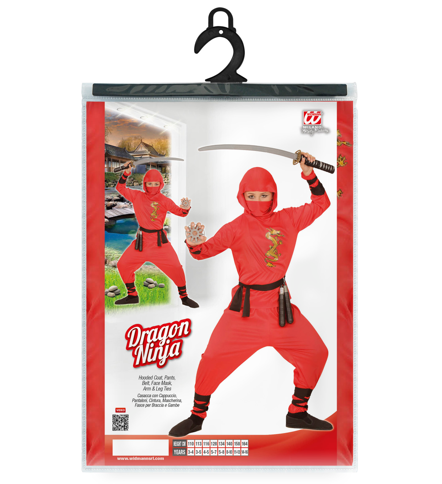Vestito Carnevale + Accessori Red Dragon Ninja Costume Nunchaku 5/7 Anni Travestimento - 0133+6766n
