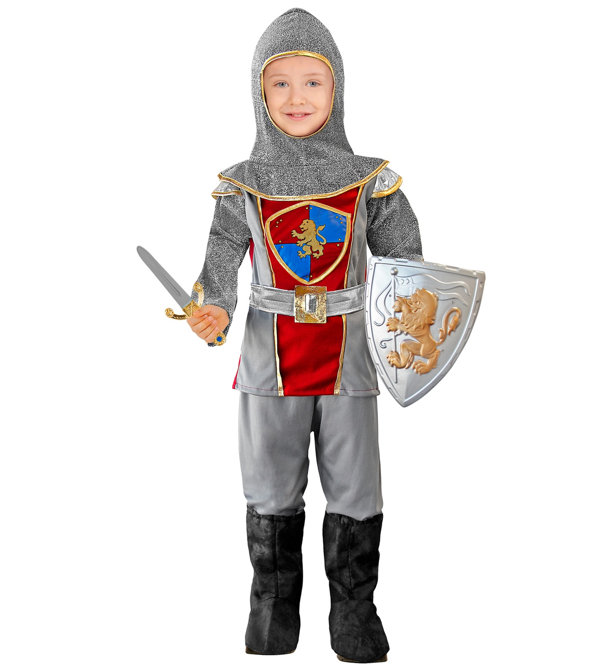 Costume Vestito Abito Travestimento Carnevale Cavaliere Medievale Casacca Pantaloni Cappuccio Copristivali 2/5 Anni - 0979