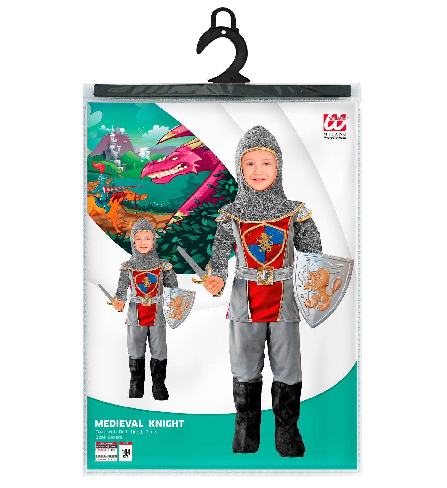 Costume Vestito Abito Travestimento Carnevale Cavaliere Medievale Casacca Pantaloni Cappuccio Copristivali 2/5 Anni - 0979