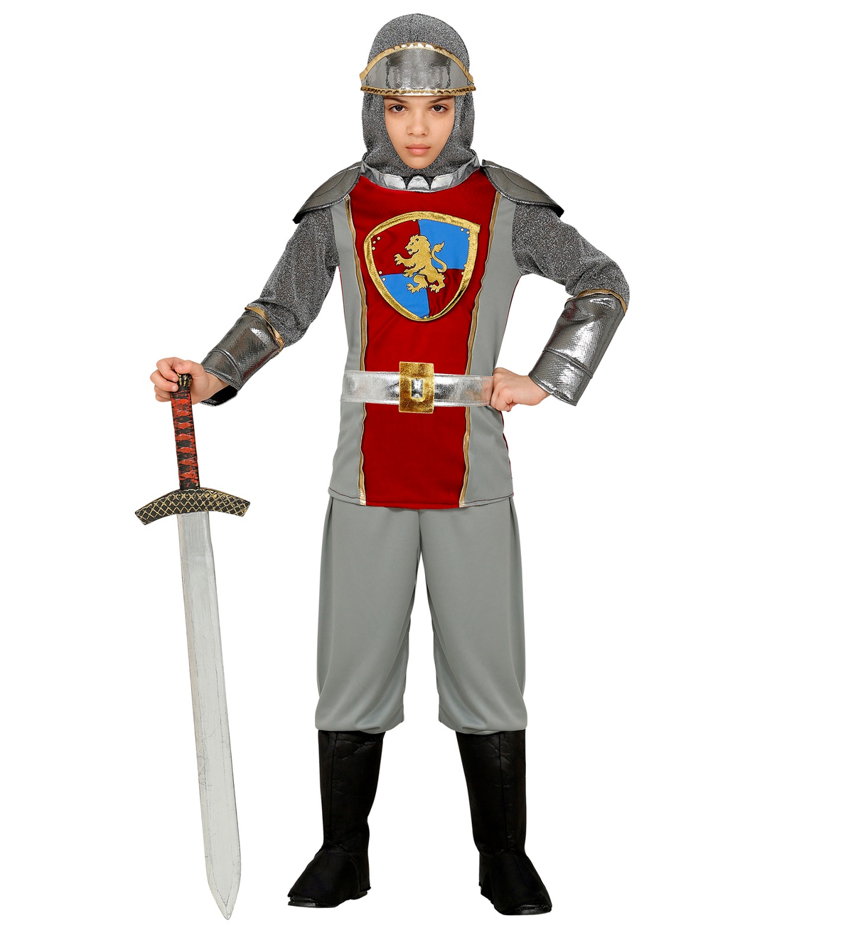Costume Vestito Abito Travestimento Carnevale Cavaliere Medievale Casacca Pantaloni Cappuccio Copristivali 2/5 Anni - 0979