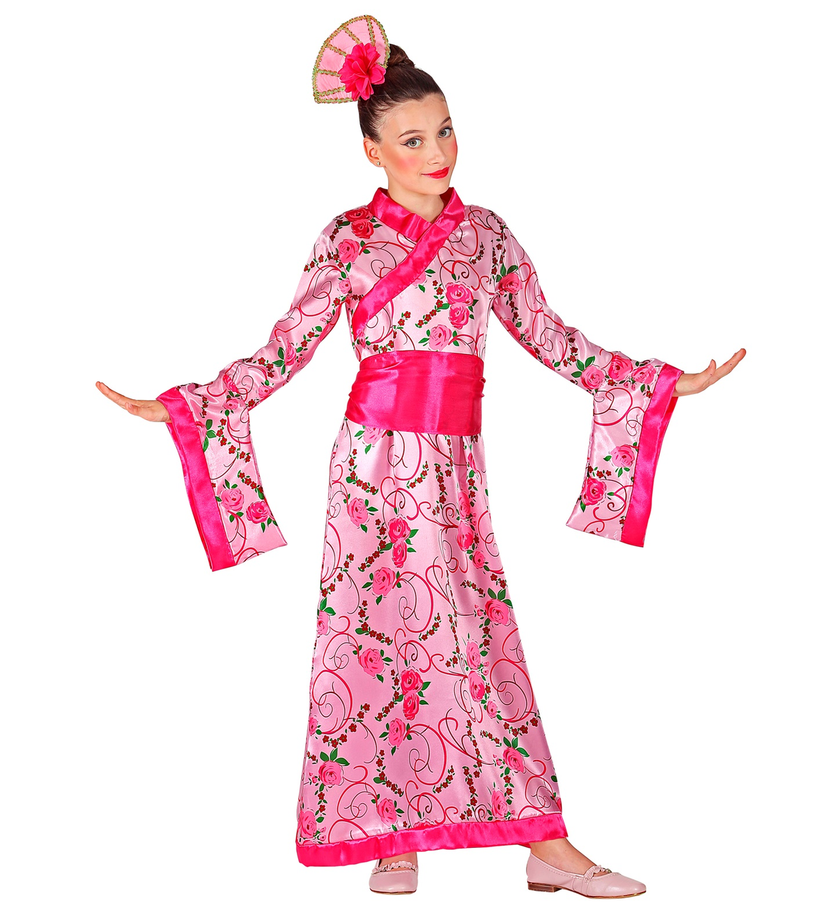 Vestito Carnenale + Accessori Principessa Asiatica Kimono Parasole Parrucca Travestimento (5/7 Anni)