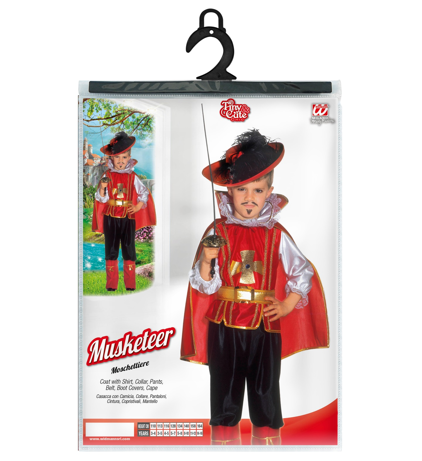 Vestito Carnevale + Accessori Moschettiere Casacca Pantaloni Mantello Cappello Fioretto 3/4 Anni Travestimento - 3683+34152+6765z