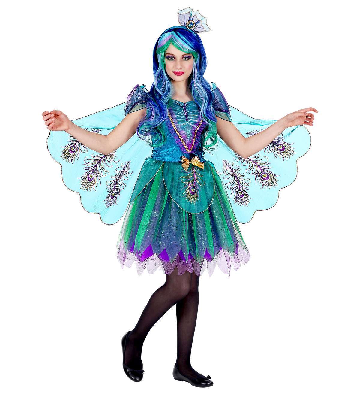 Vestito Carnevale + Accessori Pavone Abito Copricapo Parrucca Travestimento (4/5 Anni)