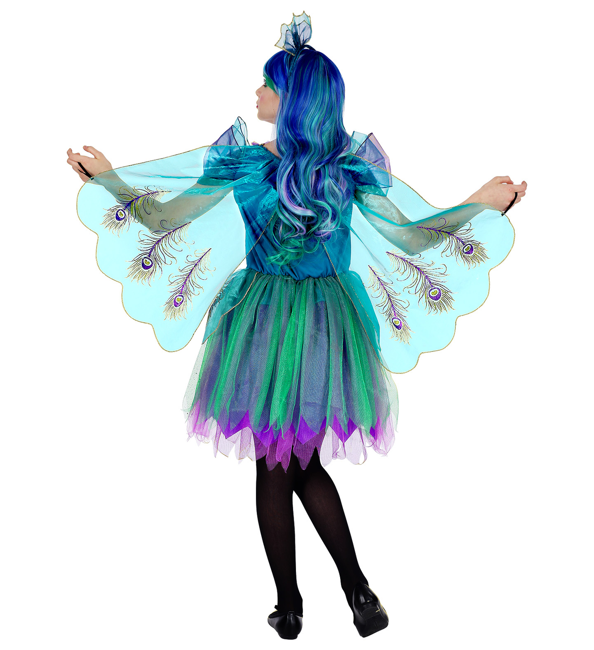 Vestito Carnevale + Accessori Pavone Abito Copricapo Parrucca Travestimento (4/5 Anni)