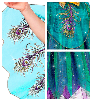 Vestito Carnevale + Accessori Pavone Abito Copricapo Parrucca Travestimento (4/5 Anni)