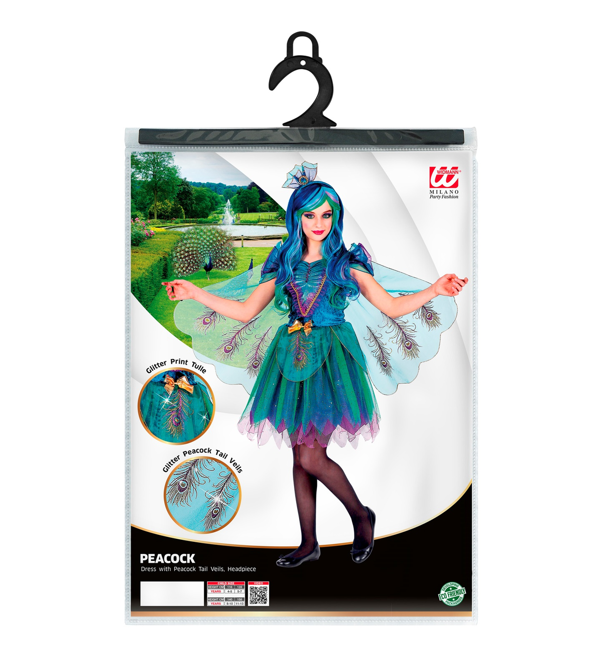 Vestito Carnevale + Accessori Pavone Abito Copricapo Parrucca Travestimento (4/5 Anni)