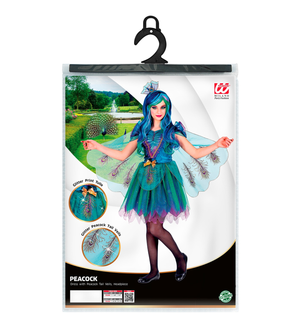 Vestito Carnevale + Accessori Pavone Abito Copricapo Parrucca Travestimento (5/7 Anni)