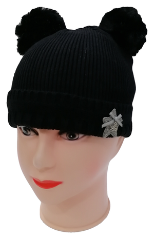 Cappello Invernale con 2 Pompon Taglia Unica Ragazza Ragazzo Lana - M8813nero