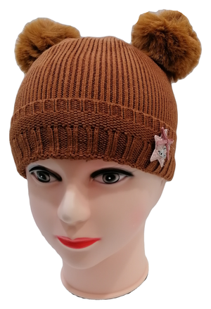 Cappello Invernale con 2 Pompon Taglia Unica Ragazza Ragazzo Lana - M8813marrone