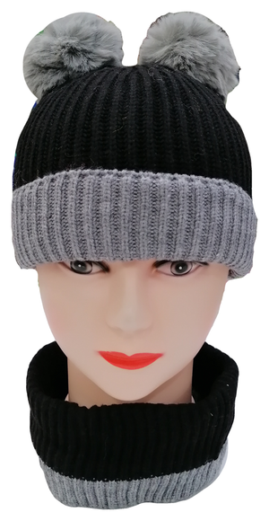 Cappello Invernale 2 Pompon e Scaldacollo Taglia Unica Ragazza - M8640nero