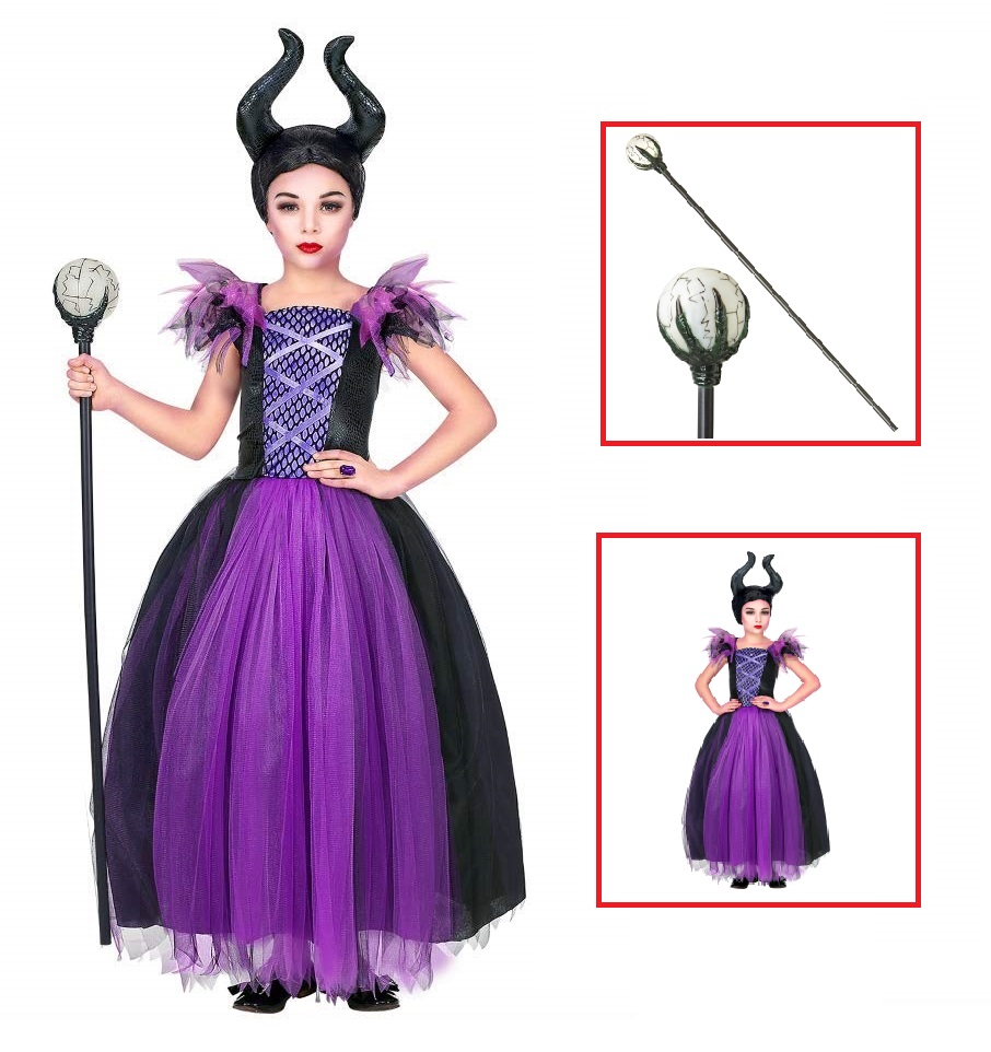 Vestito Carnevale + Accessori Malefica Abito Copricapo e Bastone Magico 5/7 Anni Travestimento - 7024+52815