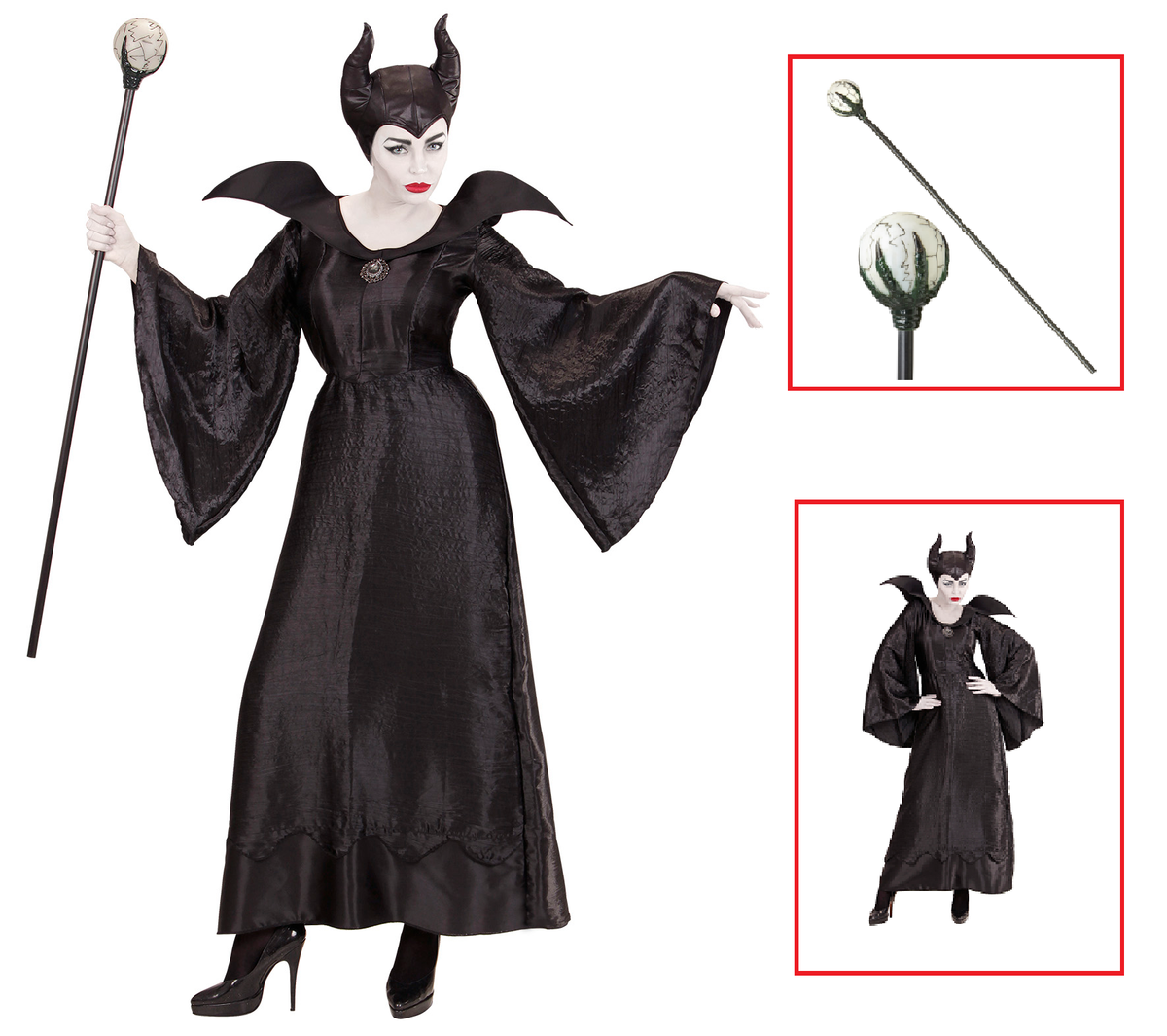 Vestito Carnevale + Accessori Malefica Abito Copricapo e Bastone Magico S/l Travestimento - 0370+52815