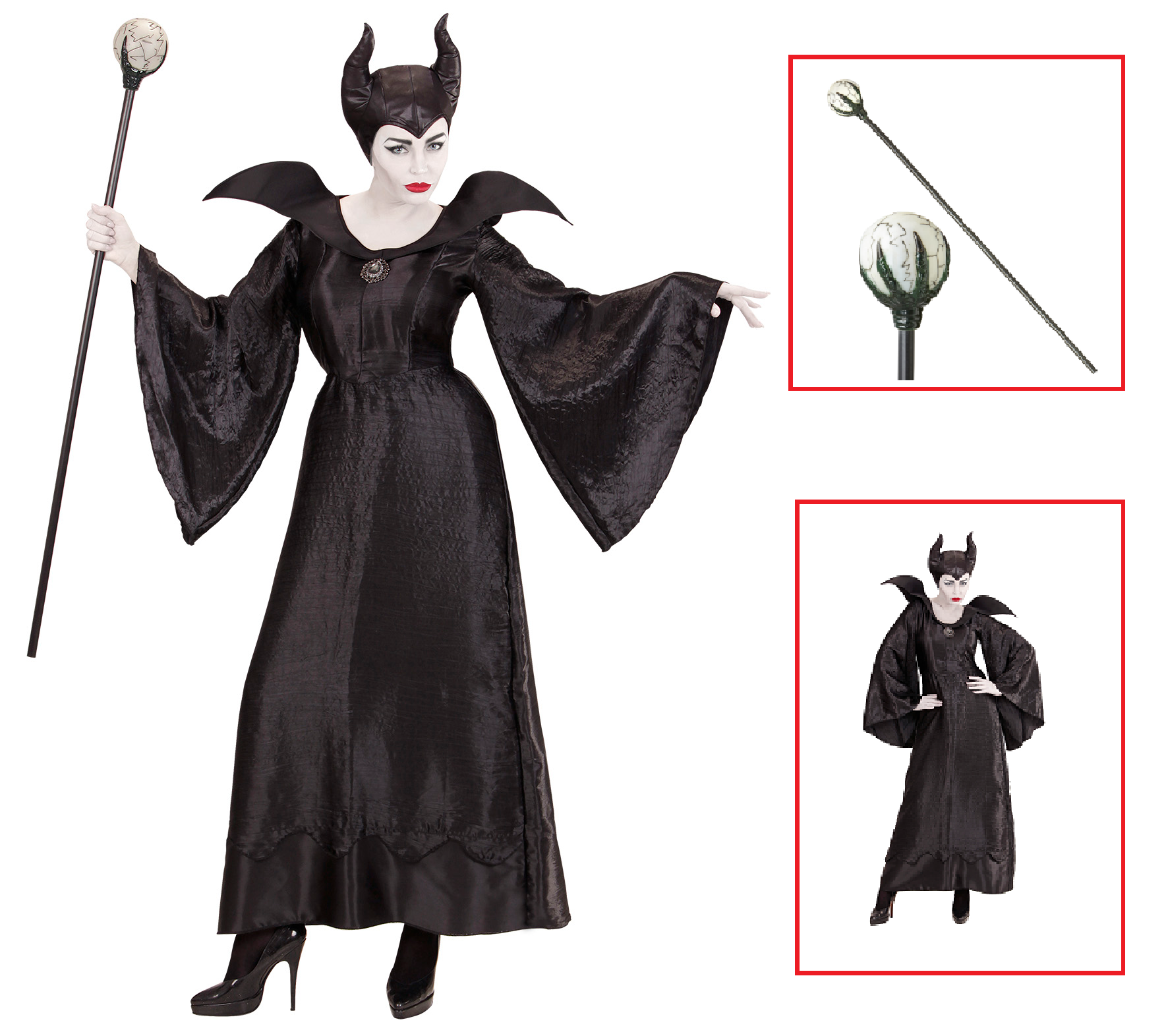 Vestito Carnevale + Accessori Malefica Abito Copricapo e Bastone Magico S/l Travestimento - 0370+52815