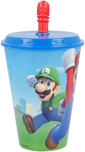 Bicchiere con Cannuccia Super Mario Videogioco Luigi Peach Yoshi Toad Semirigida Ml.430 - St21430