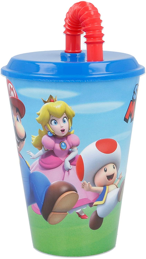 Bicchiere con Cannuccia Super Mario Videogioco Luigi Peach Yoshi Toad Semirigida Ml.430 - St21430