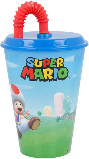 Bicchiere con Cannuccia Super Mario Videogioco Luigi Peach Yoshi Toad Semirigida Ml.430 - St21430