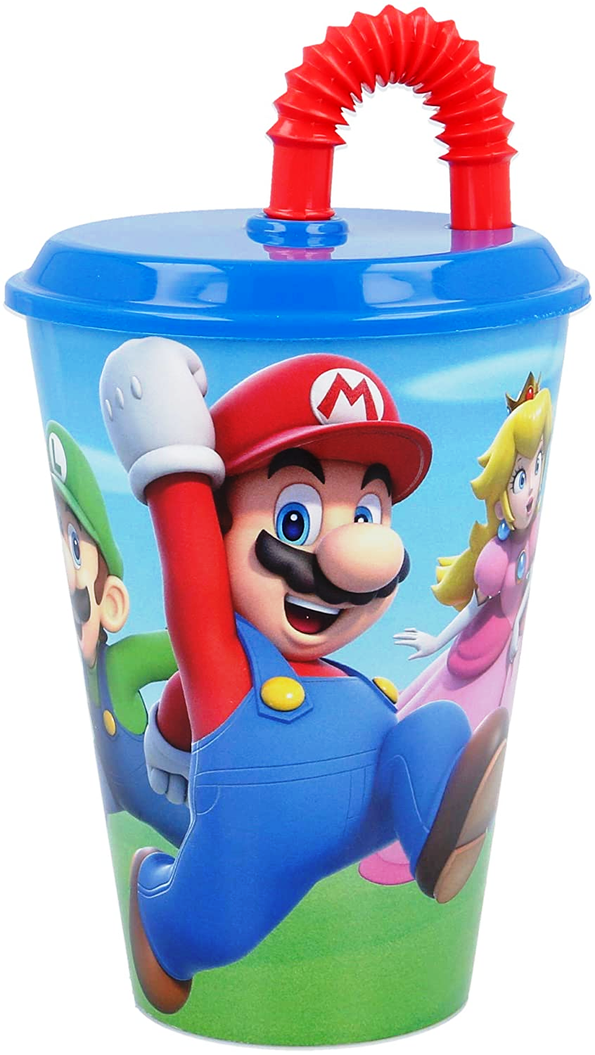Bicchiere con Cannuccia Super Mario Videogioco Luigi Peach Yoshi Toad Semirigida Ml.430 - St21430