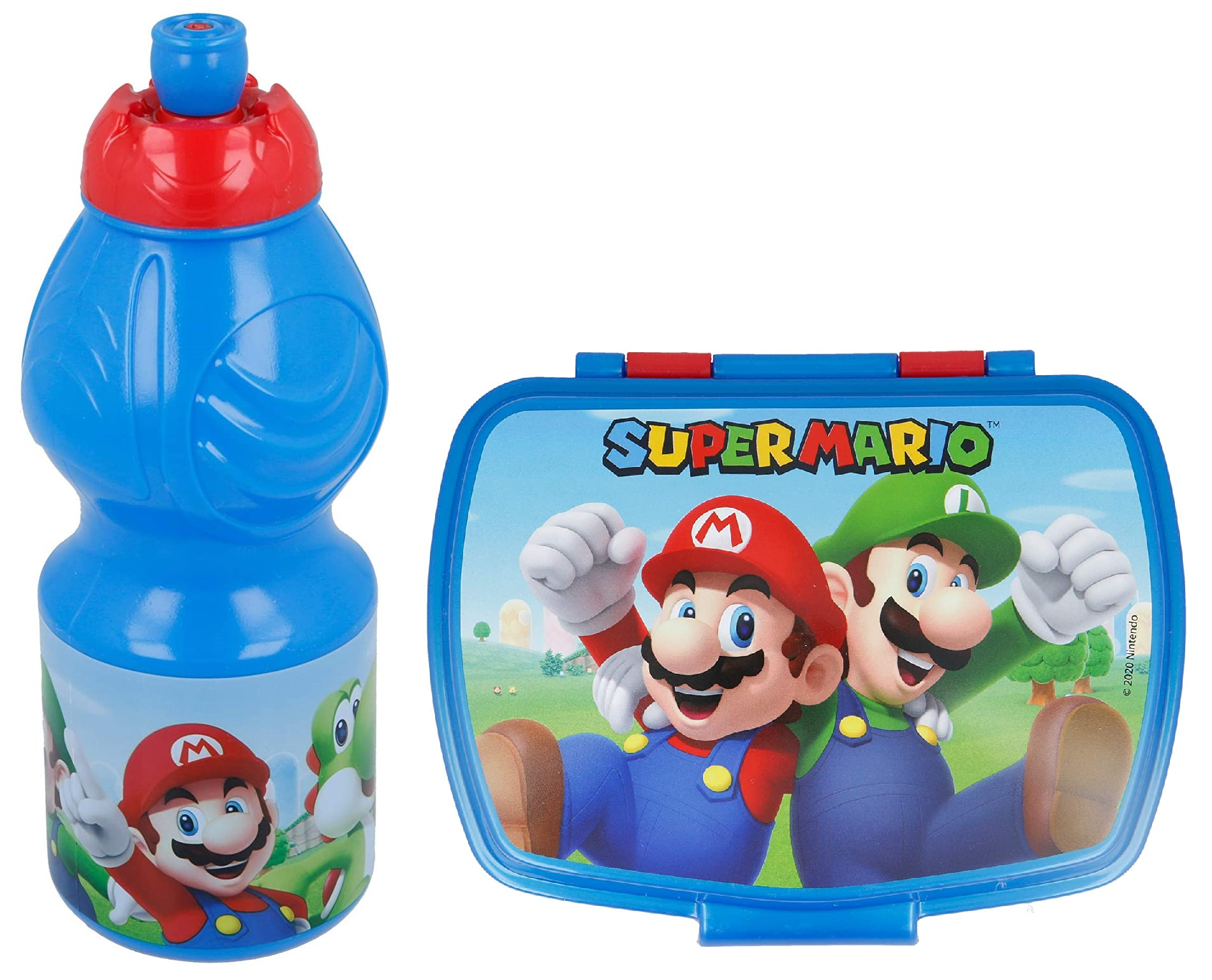 Set Borraccia + Portamerenda Super Mario Videogioco Luigi Peach Yoshi Toad Plastica Bpa Free Ml. 400 - Supermario/2pz