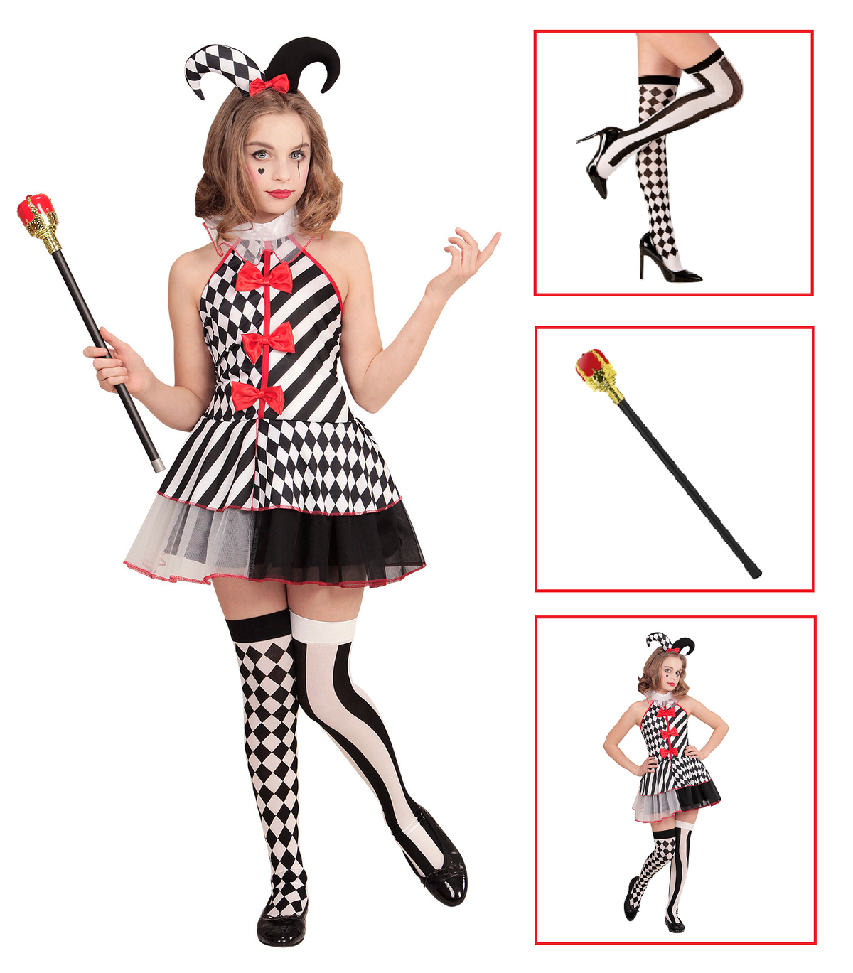 Vestito Carnevale + Accessori Arlecchina Abito Copricapo Scettro Calze 5/7 Anni Travestimento - 1902+1914k+30005