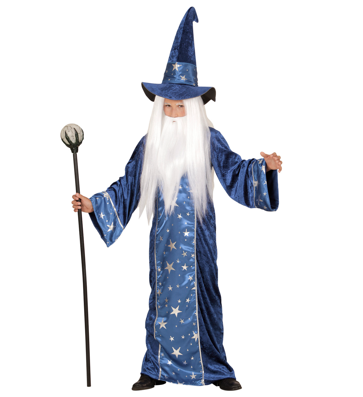 Vestito Carnevale + Accessori Mago Tunica Cappello Bastone Parrucca 8/10 Anni Travestimento - 1522+74600+52815