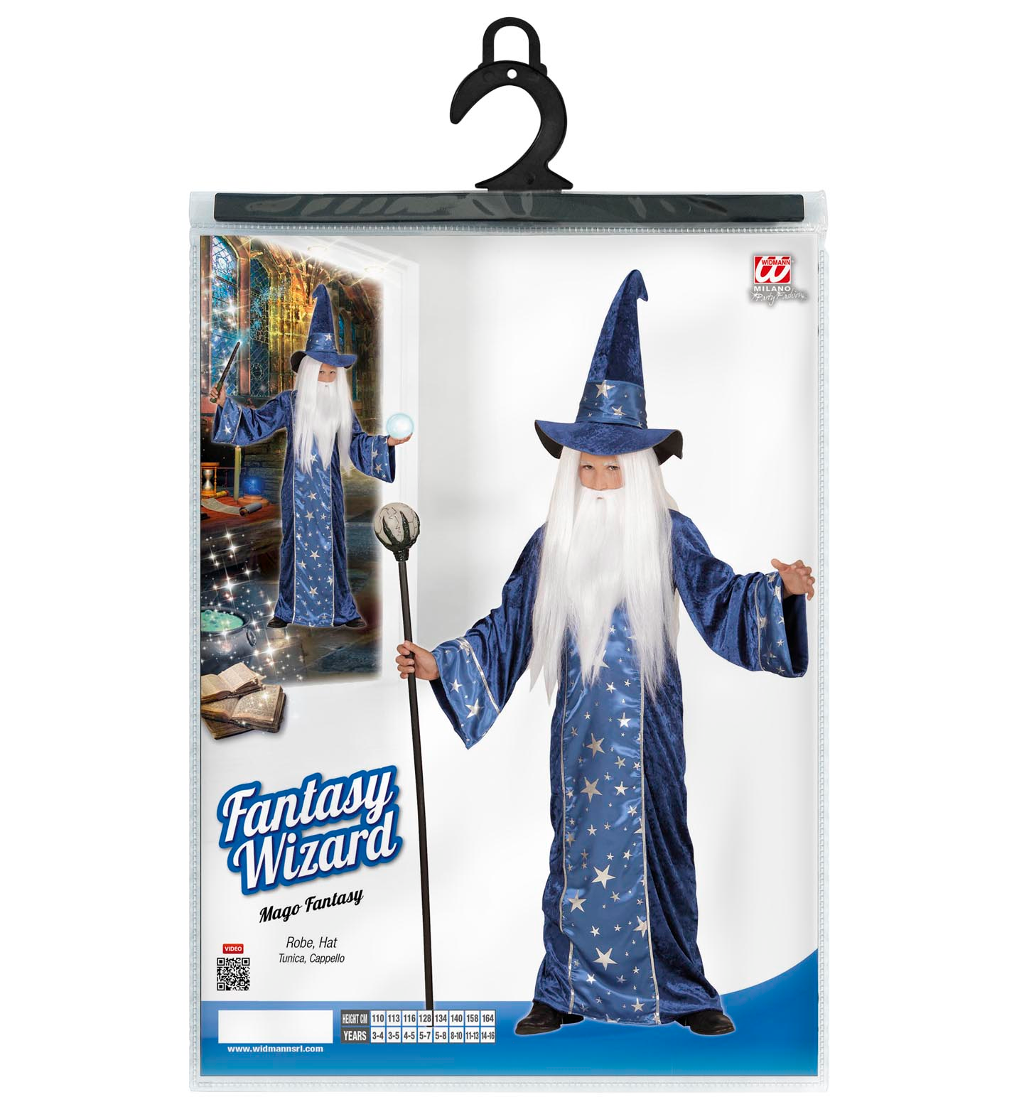 Vestito Carnevale + Accessori Mago Tunica Cappello Bastone Parrucca 5/7 Anni Travestimento - 1522+74600+52815