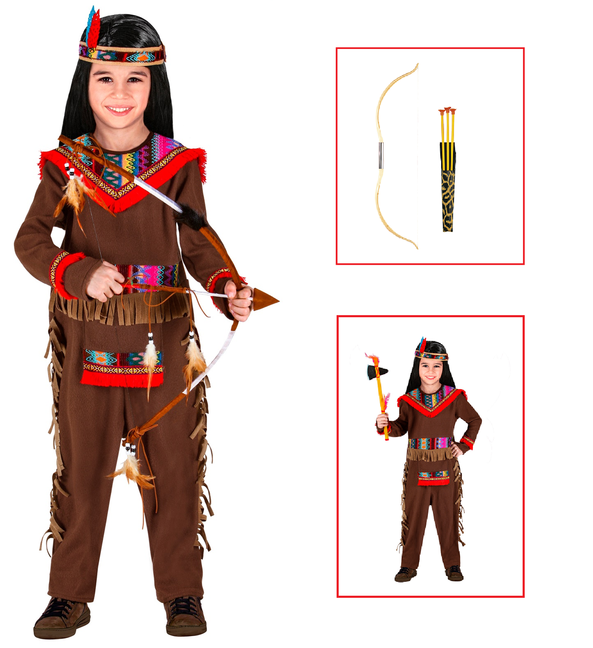 Vestito Carnevale + Accessori Indiano Costume Fascia per Testa con Piume Arco 4/5 Anni Travestimento - 0158+2793b