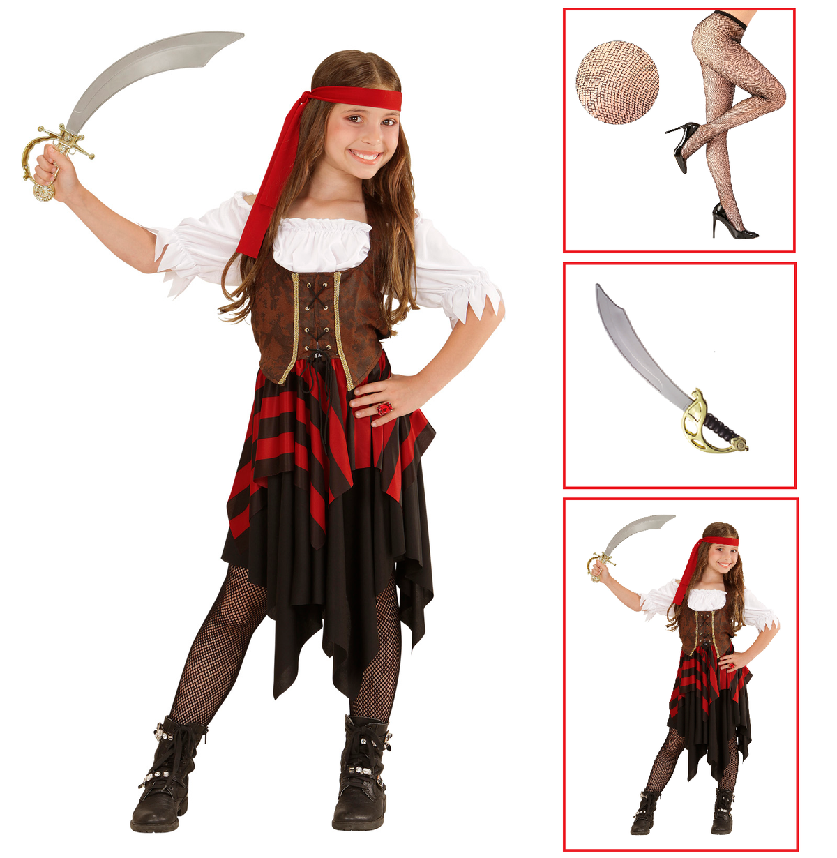 Vestito Carnevale + Accessori Piratessa Vestito Sciabola Calze 4/5 Anni Travestimento - 0559+7007b+4750r