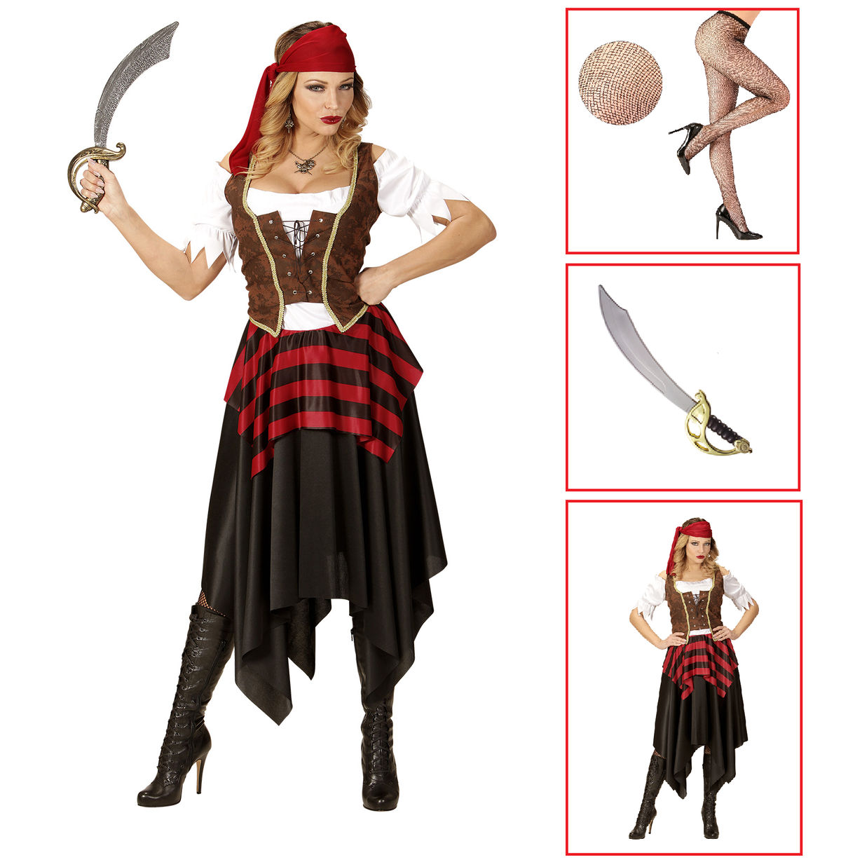 Vestito Carnevale + Accessori Piratessa Adulto Vestito Sciabola Calze Tg. XL Travestimento - 0562 Adulto+7007b+4750r