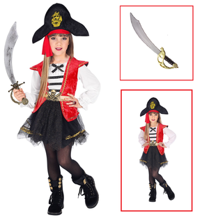 Vestito Carnevale + Accessori Capitano Pirata Vestito Cappello Sciabola 4/5 Anni Travestimento - 0698+7007b
