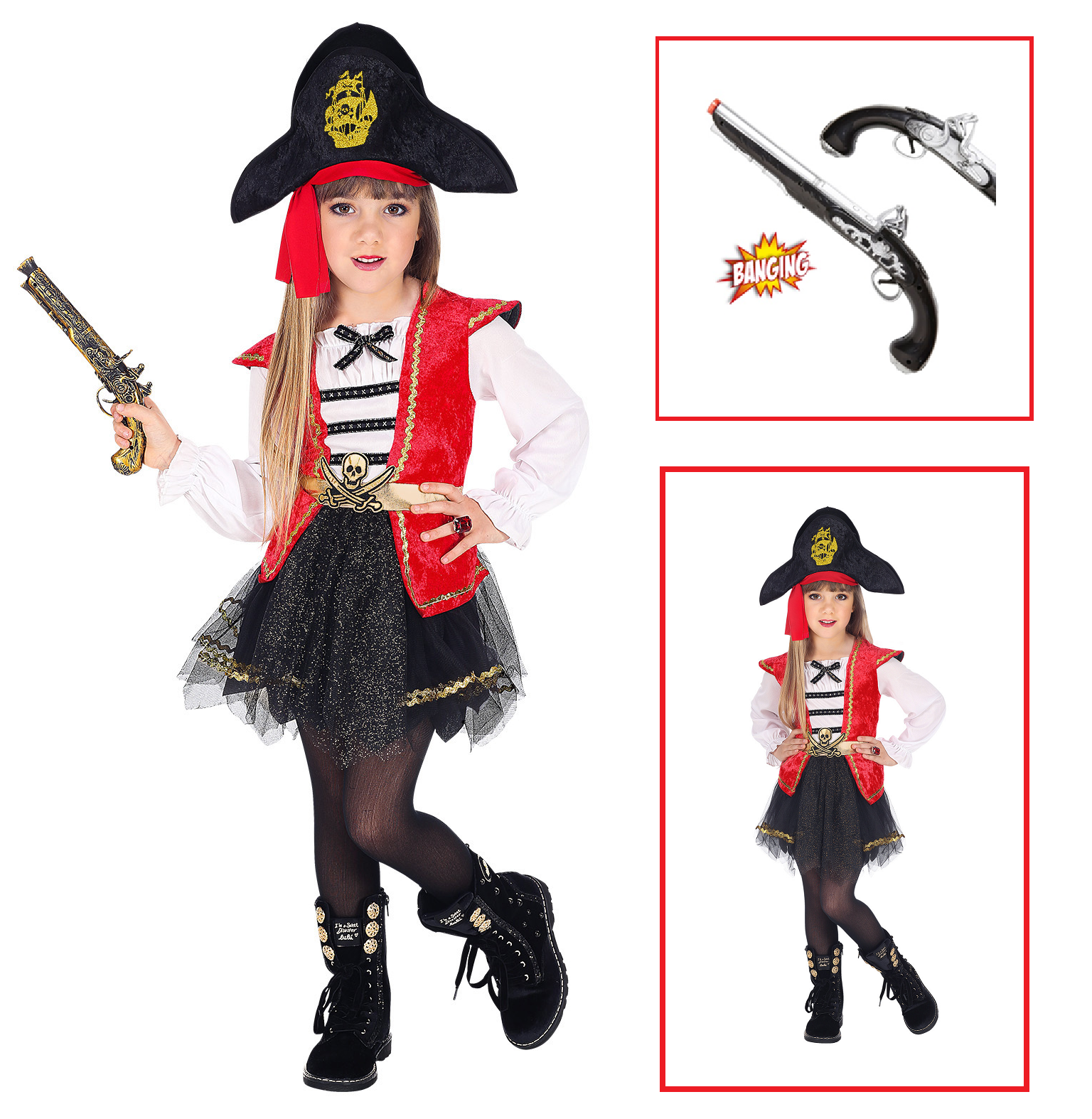 Vestito Carnevale + Accessori Capitano Pirata Vestito Cappello Pistola 4/5 Anni Travestimento - 0698+04859