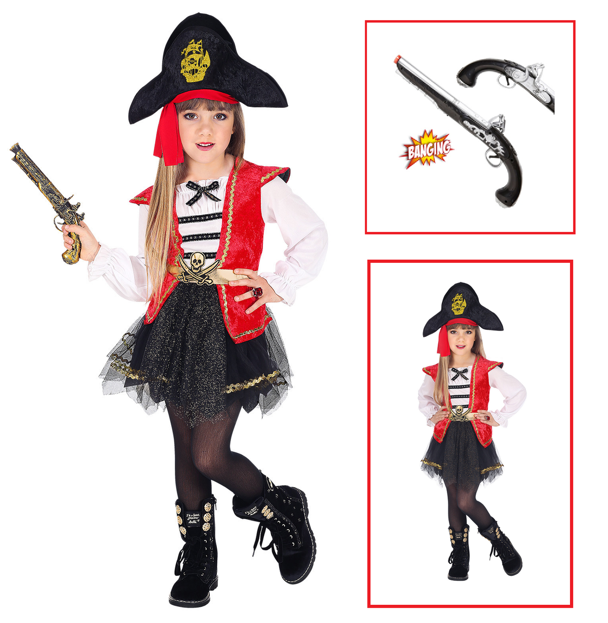Vestito Carnevale + Accessori Capitano Pirata Vestito Cappello Pistola 2/3 Anni Travestimento - 0698+04859