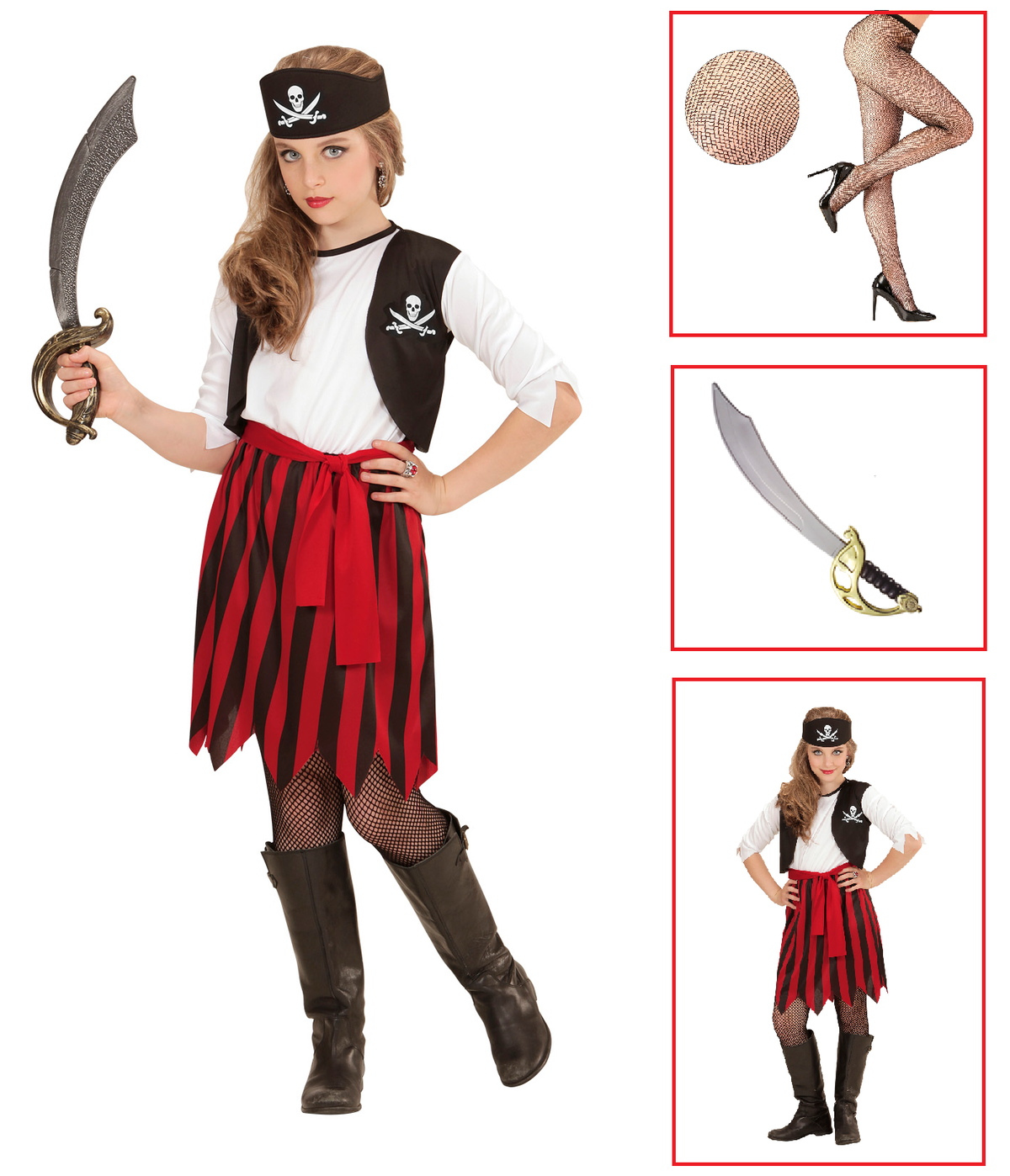 Vestito Carnevale + Accessori Piratessa Vestito Sciabola Calze 5/7 Anni Travestimento - 0722+7007b+4750r