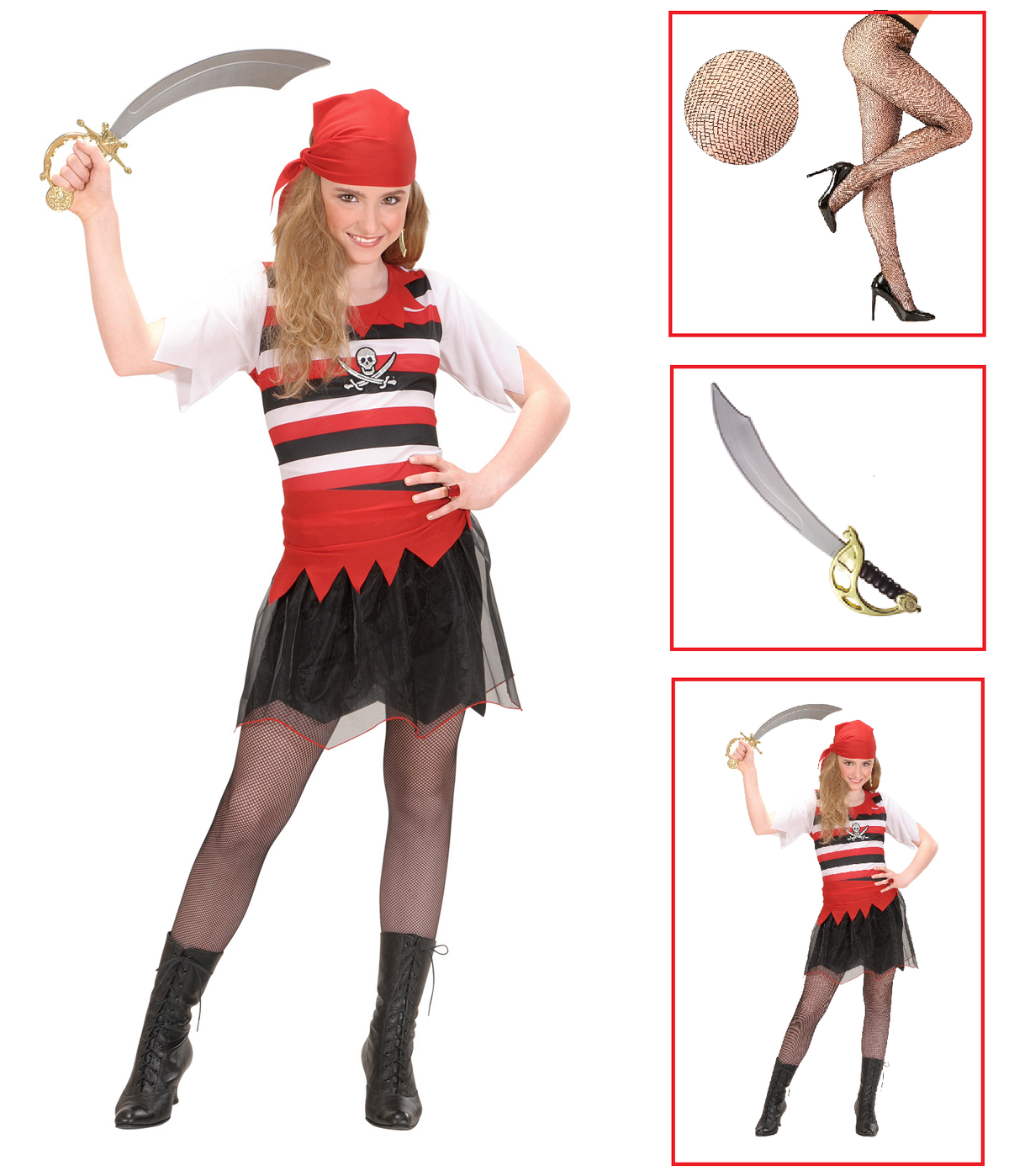 Vestito Carnevale + Accessori Piratessa Vestito Sciabola Calze 5/7 Anni Travestimento - 5853+4750r+7007b