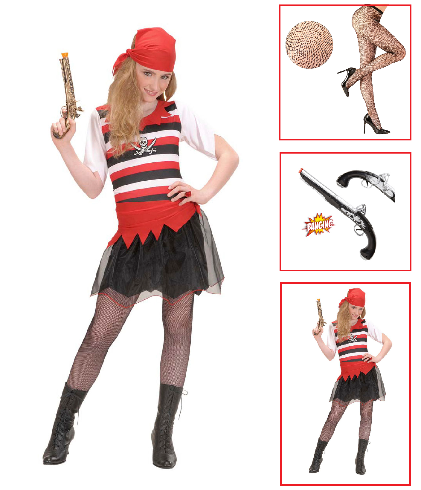 Vestito Carnevale + Accessori Piratessa Vestito Pistola Calze 8/10 Anni Travestimento - 5853+4750r+04859