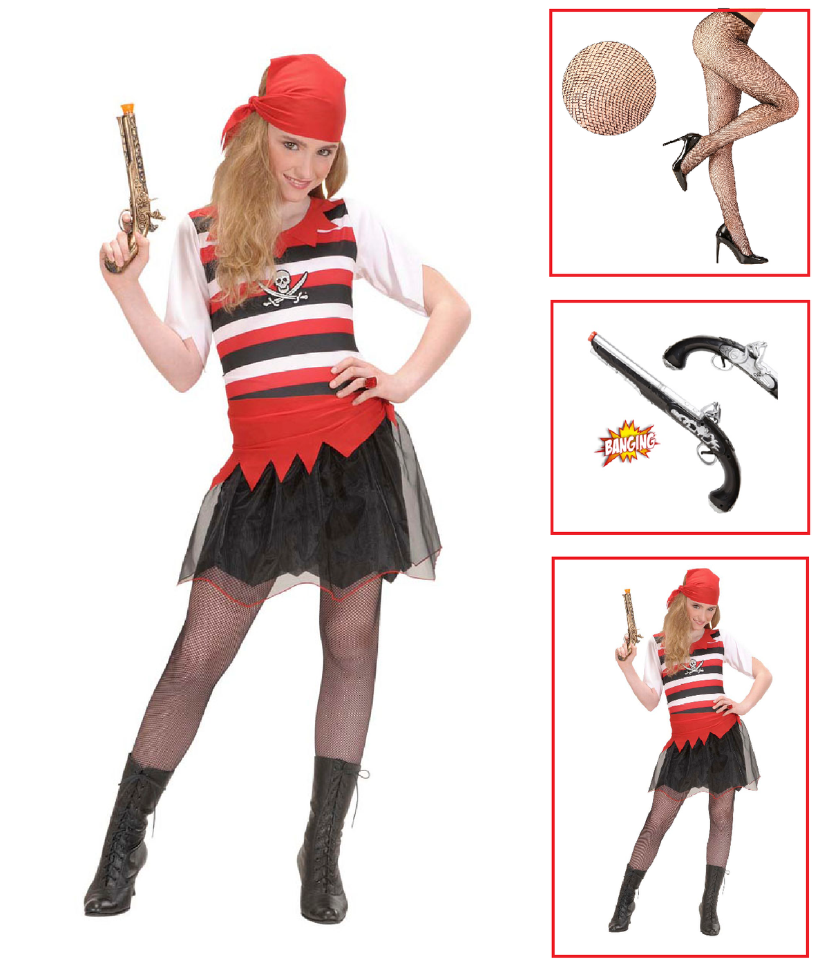 Vestito Carnevale + Accessori Piratessa Vestito Pistola Calze 8/10 Anni Travestimento - 5853+4750r+04859