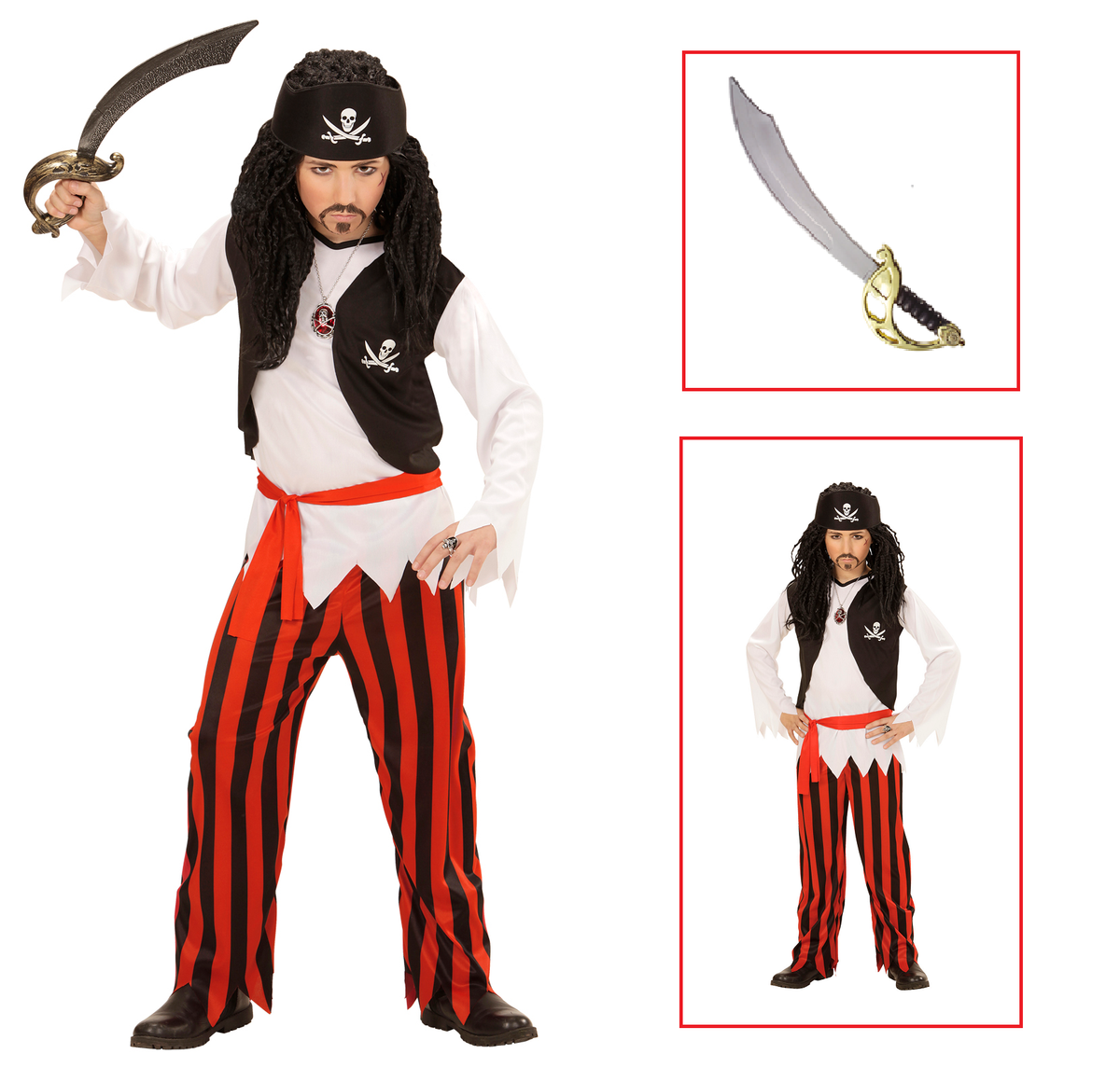 Vestito Carnevale + Accessori Pirata Costume Sciabola 8/10 Anni Travestimento - 0723+7007b
