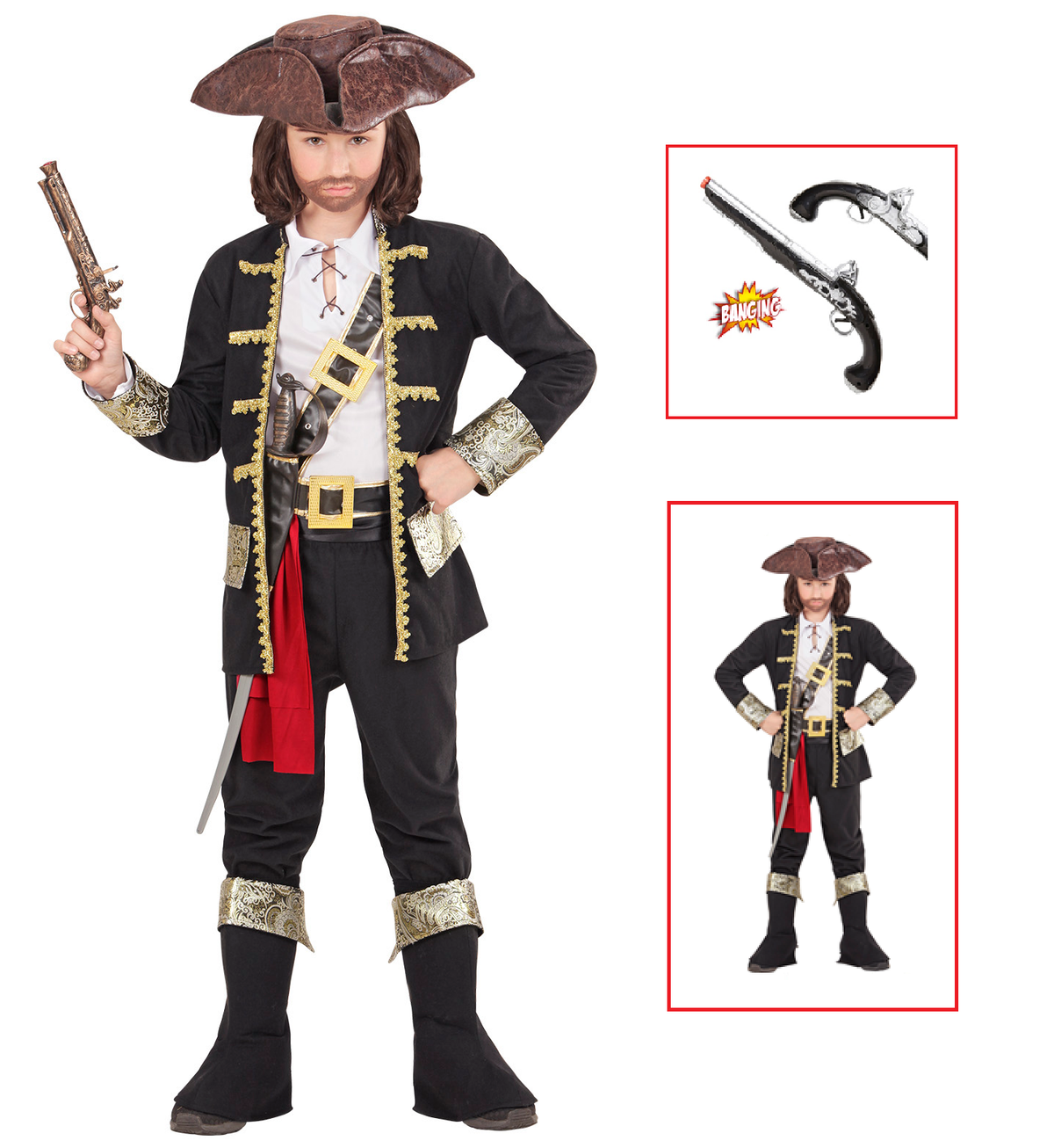 Vestito Carnevale + Accessori Capitano Pirata Costume Cappello Pistola 8/10 Anni Travestimento - 1527+04859